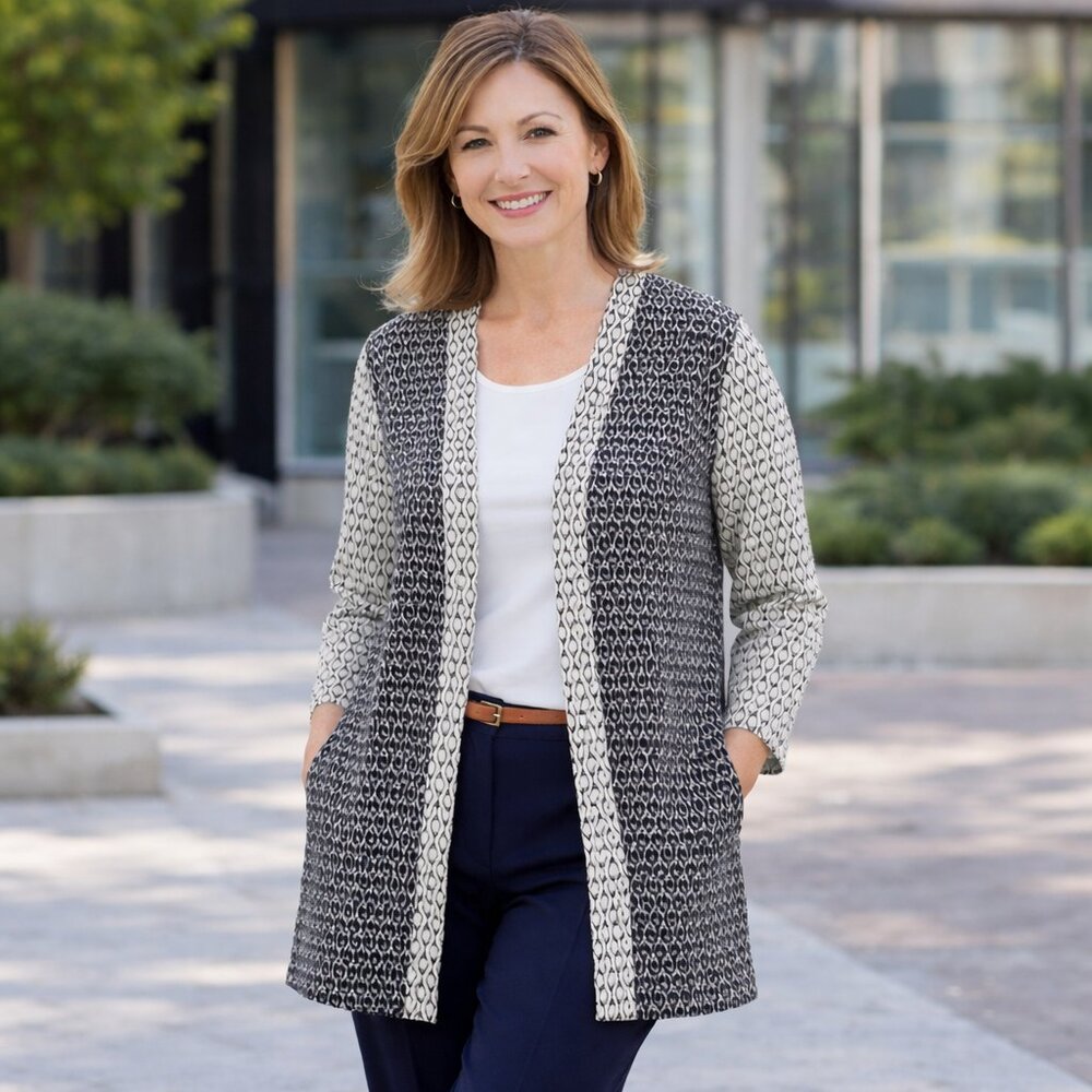Old Navy Black & Cream Patterned Open Cardigan Women’s Medium Lightweight Layer